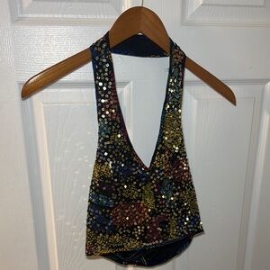 Sequined Deep V Halter Crop Top - Multicolor